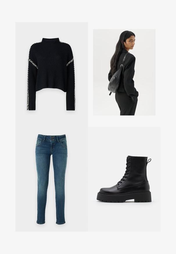 Vero Moda VMNEWCREAM FUNNELNECK PULLOVER - Vesta - black/birch; Mršave plave traperice s izblijedjelim završetkom, zatvaranje na dva dugmeta, pet džepova i lagano oštećenje u području koljena.; Crne kožne gležnjače s okruglim vrhom, vezanjem sprijeda i debelim gumenim potplatom s teksturiranim uzorkom. Tipa: traka za vuču na stražnjoj strani.; Žena s dugom tamnom kosom koja nosi crno odijelo, drži crnu kožnu torbu preko ramena i gleda unazad na bijeloj pozadini.; Srebrne okrugle naušnice s minimalističkim dizajnom. Kružni oblik, glatka tekstura i tanak profil. Lagane s poliranim završetkom.