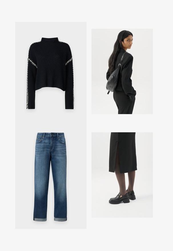 Vero Moda VMNEWCREAM FUNNELNECK PULLOVER - Džemperis - black/birch; Džinsai vidutinio mėlynumo skalbimu, tiesaus kirpimo, su sukurtomis rankovėmis ir minimaliu nudėvėjimu. Klasikinis penkių kišenių stilius.; Juodos odinės bateliai su apvaliu nosiu, stora blokine pakulne ir elastingais šonais, derinami su tamsiomis pėdkelnėmis ir juoda sijonu su plyšiu.; Moteris su ilgais tamsiais plaukais, vilkinti juodą kostiumą, nešanti juodą odinę rankinę per petį, žvelgia per petį prieš balto fono.; Sidabrinės pusmėnulio auskarai minimalistiniu dizainu. Apskritimo forma, lygus paviršius ir plonas profilis. Lengvi su poliruotu apdailu.