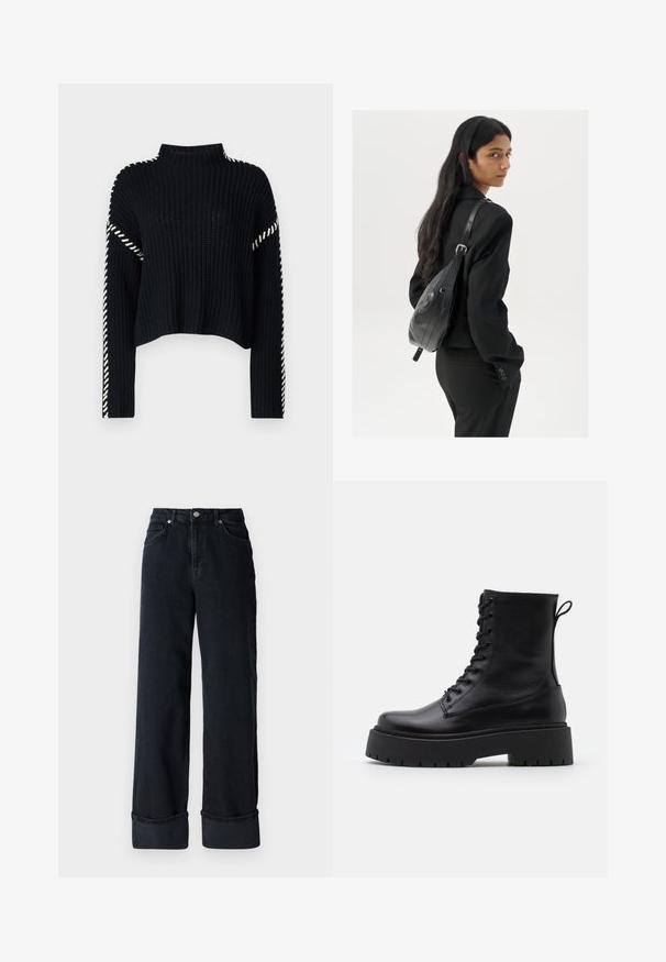 Vero Moda VMNEWCREAM FUNNELNECK PULLOVER - Džemperis - black/birch; Tamsiai mėlyni džinsai su plačiomis kojomis, aukštu liemeniu, turintys mygtuko uždarymą, penkis kišenes ir surištas apačias.; Juodos odinės aulinukės su apvalia nosimi, raišteliais priekyje ir storesniu guminio pado apačioje su tekstūruotu raštu. Priekyje yra kilputė.; Moteris su ilgais tamsiais plaukais, vilkinti juodą kostiumą, nešanti juodą odinę rankinę per petį, žvelgia per petį prieš balto fono.; Sidabrinės pusmėnulio auskarai minimalistiniu dizainu. Apskritimo forma, lygus paviršius ir plonas profilis. Lengvi su poliruotu apdailu.