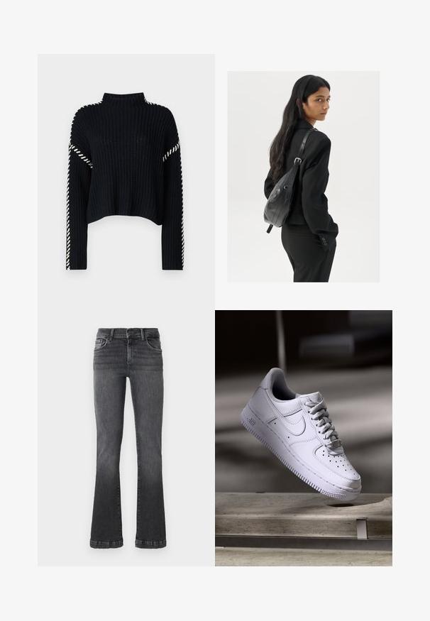 Vero Moda VMNEWCREAM FUNNELNECK PULLOVER - Maglione - black/birch; Jeans neri a gamba svasata in denim di peso medio. Design a cinque tasche con un leggero effetto lavato e cuciture a contrasto lungo le cuciture.; Nike Sportswear AIR FORCE 1 07 - Sneakers basse - white; Donna con lunghi capelli scuri, vestita con un completo nero, che porta una borsa a tracolla in pelle nera, mentre guarda oltre la spalla su uno sfondo bianco.; Orecchini a cerchio in argento con un design minimalista. Forma circolare, superficie liscia e profilo sottile. Leggeri con una finitura lucida.