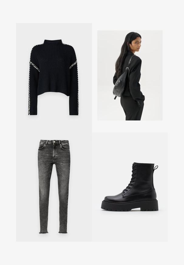 Vero Moda VMNEWCREAM FUNNELNECK PULLOVER - Svetrík - black/birch; Čierne džínsy skinny s vyblednutým povrchom. Obsahujú predné vrecká, zips a rozstrapkané okraje pre ležérny vzhľad.; Čierne kožené členkové topánky s okrúhlou špičkou, šnurovaním vpredu a hrubou gumovou podrážkou s textúrovaným vzorom. Sťahovací pútko na zadnej strane.; Žena s dlhými tmavými vlasmi, oblečená v čiernom obleku, nesúca čiernu koženú kabelku na ramene, pozerajúca cez rameno na bielom pozadí.