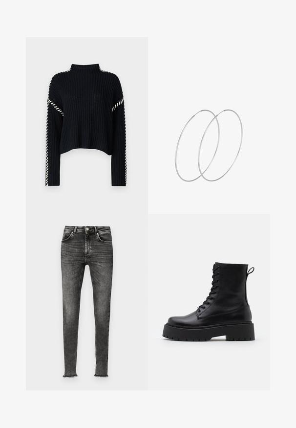 Vero Moda VMNEWCREAM FUNNELNECK PULLOVER - Svetr - black/birch; Černé skinny džínové kalhoty s opraným vzhledem. Obsahují přední kapsy, zipový rozkrok a třepené lemy pro ležérní vzhled.; Černé kožené kotníkové boty s kulatou špičkou, šněrováním na přední straně a silnou gumovou podešví s texturovaným vzorkem. S poutkem vzadu.; Stříbrné kruhové náušnice s minimalistickým designem. Kruh, hladký povrch a tenký profil. Lehká konstrukce s lesklým povrchem.