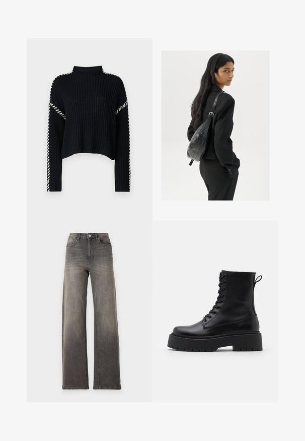 Vero Moda VMNEWCREAM FUNNELNECK PULLOVER - Stickad tröja - black/birch; Grå denimjeans med hög midja och en lös, bred passform. Har en klassisk femfickdesign och en lätt blekt textur.; Svarta läderankelboots med rund tå, snörning framtill och en tjock gummisula med strukturerat mönster. Dragflik bak.; Kvinna med långt mörkt hår, klädd i en svart dräkt, bärandes en svart läderaxelväska, tittar över axeln mot en vit bakgrund.