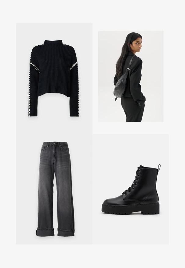 Vero Moda VMNEWCREAM FUNNELNECK PULLOVER - Vesta - black/birch; Široke traperice u tamnosivoj denim tkanini, s visokim strukom, pet džepova i podvrnutim rubovima za dodatne detalje. Glatka tekstura s suptilnim izblijedjeljima.; Crne kožne gležnjače s debelim, teksturiranim potplatom, okruglim vrhom i metalnim rupama za vezivanje. Imaju oznaku za povlačenje straga.; Žena s dugom tamnom kosom koja nosi crno odijelo, drži crnu kožnu torbu preko ramena i gleda unazad na bijeloj pozadini.