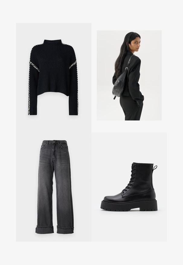 Vero Moda VMNEWCREAM FUNNELNECK PULLOVER - Džemper - black/birch; Tumedate halliline denim, laiad püksid kõrge vöökohaga, viis taskut ja volditudäärtega lisanditeks. Sile tekstuur koos peente plekkidega.; Mustad mustad nahast pahkluu saapad ümarate varvastega, nööridega esiosas ja paksu kummist talla ning tekstuuritud mustriga. Tagumine tõmbeaas.; Pikkade tumehaired naine mustas ülikonnas, kandes musta nahast õlakotti, vaatab üle õla valge tausta taustal.