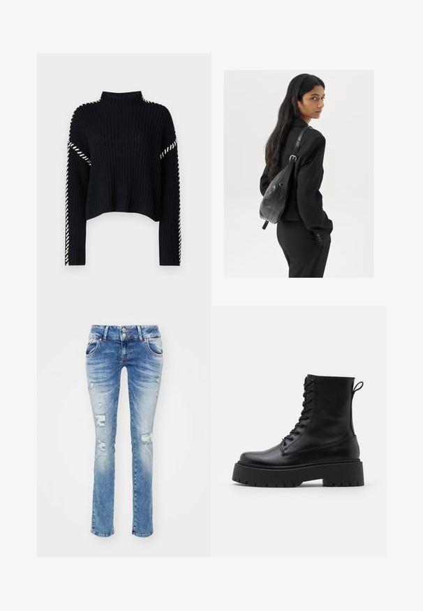 Vero Moda VMNEWCREAM FUNNELNECK PULLOVER - Vesta - black/birch; Svijetloplave traperice od denima, s ravnim nogavicama, istaknutim zasjecima i dva dugmeta za zatvaranje na pojasu.; Crne kožne gležnjače s okruglim vrhom, vezanjem sprijeda i debelim gumenim potplatom s teksturiranim uzorkom. Tipa: traka za vuču na stražnjoj strani.; Žena s dugom tamnom kosom koja nosi crno odijelo, drži crnu kožnu torbu preko ramena i gleda unazad na bijeloj pozadini.