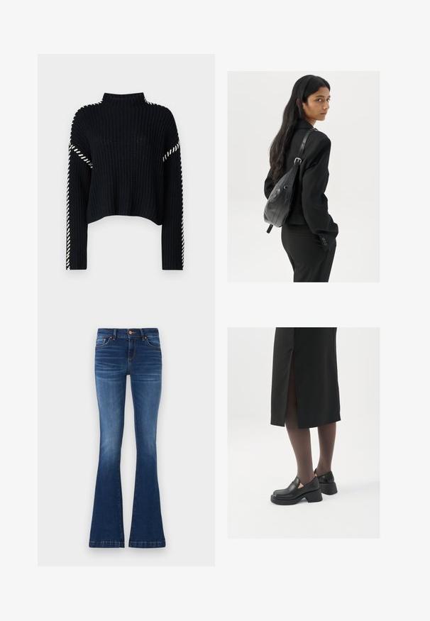 Vero Moda VMNEWCREAM FUNNELNECK PULLOVER - Džemper - black/birch; Laia sinise denimist, millel on keskmise kõrgusega vöökoht, viis taskut ja kontrastne õmblus õmbluste ääres.; Mustad mustad jalatsid ümmarguse varbaga, paksu plokkniidi ja elastsete külgdetailidega, kombineeritud tumedate sukkade ja musta lõhikuga seelikuga.; Pikkade tumehaired naine mustas ülikonnas, kandes musta nahast õlakotti, vaatab üle õla valge tausta taustal.; Hõbedased rõngastikkaehingad minimalistlikus disainis. Ümar kuju, sile tekstuur ja õhuke profiil. Kerged ning poleeritud viimistlusega.