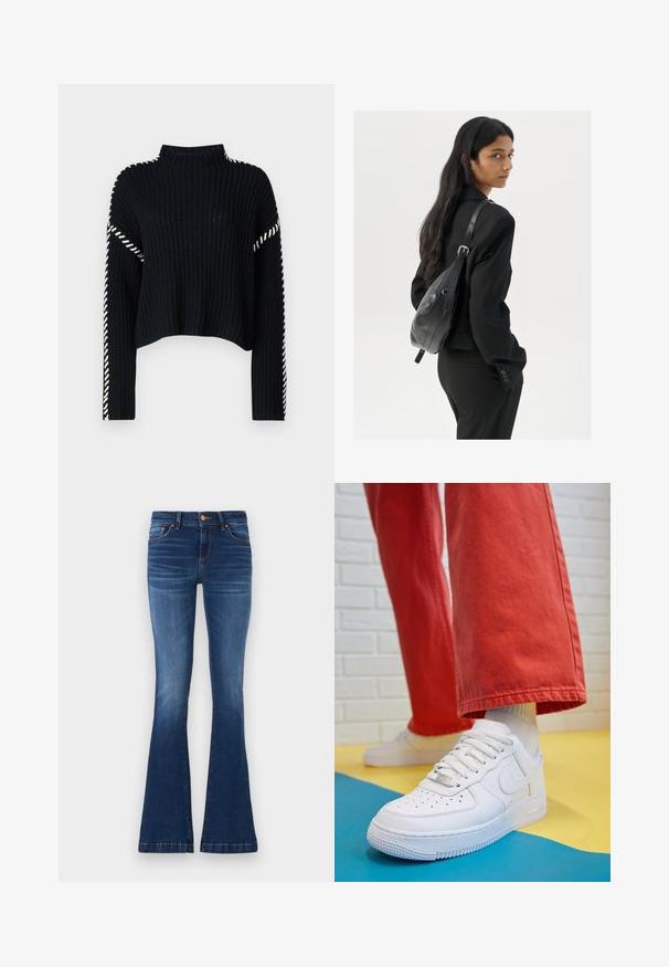 Vero Moda VMNEWCREAM FUNNELNECK PULLOVER  - Svetrík - black/birch; Rozšírené modré džínsy vyrobené z denimu, s stredne vysokým pásom, piatimi vreckami a kontrastným šitím pozdĺž švov.; Biele kožené tenisky s perforovanou špičkou, textúrovanou podrážkou a bielymi šnúrkami, spárované so širokými červenými nohavicami na modrom a žltom pozadí.; Žena s dlhými tmavými vlasmi, oblečená v čiernom obleku, nesúca čiernu koženú kabelku na ramene, pozerajúca cez rameno na bielom pozadí.; Strieborné kruhové náušnice s prúteným dizajnom, s lešteným povrchom a zapínaním na kolíček. Majú priemer približne 3 cm.