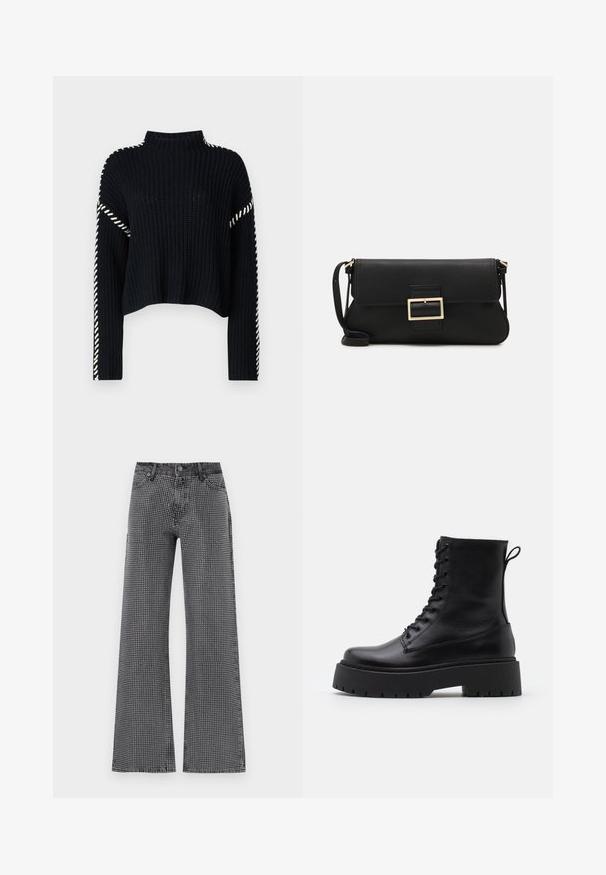 Vero Moda VMNEWCREAM FUNNELNECK PULLOVER - Maglione - black/birch; Jeans a gamba larga in denim nero con motivo a pois bianchi; presentano un classico design a cinque tasche e chiusura con bottone.; Stivaletti in pelle nera alla caviglia con punta rotonda, lace-up frontale e suola in gomma spessa con battistrada textured. Tassello sul retro.; Borsa a mano in pelle nera con patta e dettaglio in metallo dorato. Include una tracolla nera e un design elegante e minimalista.