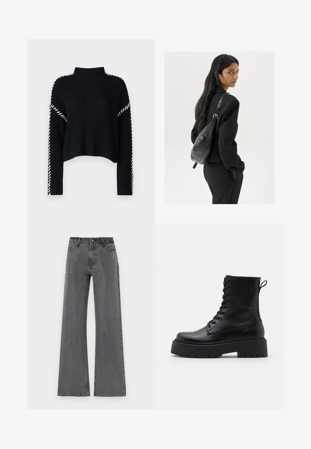 Vero Moda VMNEWCREAM FUNNELNECK PULLOVER - Jersey de punto - black/birch; Jeans de pierna ancha en denim negro con un patrón de lunares blancos; cuenta con un diseño clásico de cinco bolsillos y cierre de botón.; Botas de cuero negras hasta el tobillo con punta redonda, cordones en la parte delantera y una suela de goma gruesa con un dibujo texturizado. Tirador en la parte trasera.; Mujer con cabello largo y oscuro vestida con un traje negro, llevando un bolso de cuero negro al hombro, mirando por encima de su hombro contra un fondo blanco.