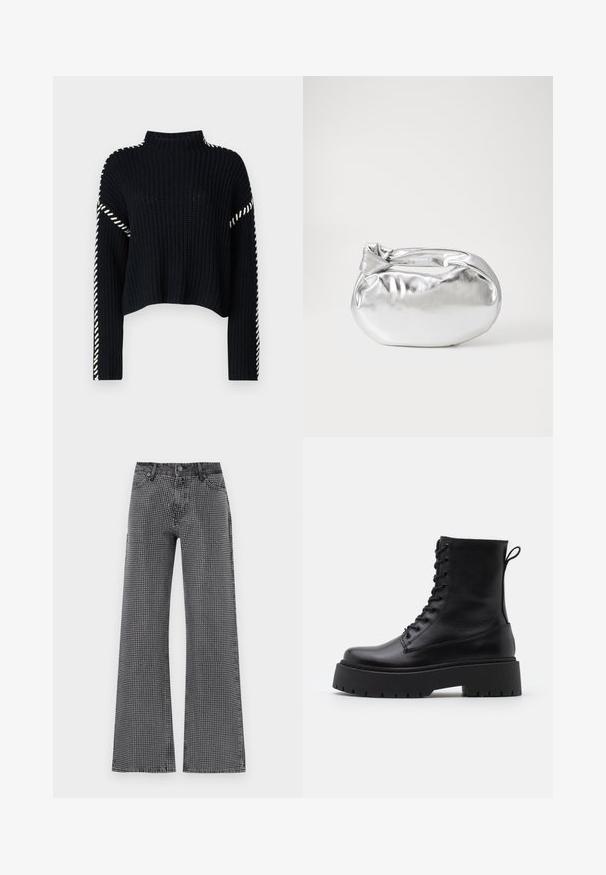 Vero Moda VMNEWCREAM FUNNELNECK PULLOVER - Svetr - black/birch; Široké džíny z černého denimového materiálu s bílým puntíkovým vzorem; obsahují klasický pětisáčkový design a knoflíkové zapínání.; Černé kožené kotníkové boty s kulatou špičkou, šněrováním na přední straně a silnou gumovou podešví s texturovaným vzorkem. S poutkem vzadu.; Stříbrná kovová taška s měkkým, zaobleným tvarem a uzávěrem s uzlem. Vyrobena z hladké umělé kůže.; Stříbrné kruhové náušnice s minimalistickým designem. Kruh, hladký povrch a tenký profil. Lehká konstrukce s lesklým povrchem.