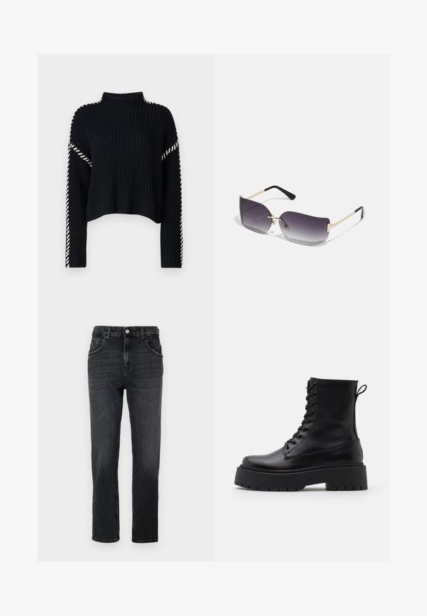 Vero Moda VMNEWCREAM FUNNELNECK PULLOVER - Jersey de punto - black/birch; Vaqueros de mezclilla gris oscuro con un corte recto clásico, cinco bolsillos y un solo botón metálico en la cintura.; Botas de cuero negras hasta el tobillo con punta redonda, cordones en la parte delantera y una suela de goma gruesa con un dibujo texturizado. Tirador en la parte trasera.; Gafas de sol con lentes de graduación gris, montura metálica dorada y acentos de plástico negro. Lentes con una forma de mariposa única y varillas delgadas.