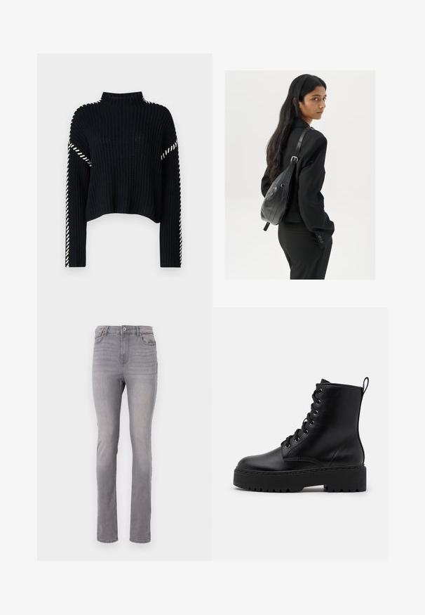 Vero Moda VMNEWCREAM FUNNELNECK PULLOVER - Svetrík - black/birch; Šedé riflové džínsy s rovnom strečovou siluetou, dizajnom na päť vreciek a klasickým zapínaním na gombík a zips. Hladká textura s jemným vyblednutím.; Čierne kožené členkové topánky s hrubou, textúrovanou podrážkou, okrúhlou špičkou a kovovými očkami na šnúrky. Obsahujú pútko na zadnej strane.; Žena s dlhými tmavými vlasmi, oblečená v čiernom obleku, nesúca čiernu koženú kabelku na ramene, pozerajúca cez rameno na bielom pozadí.