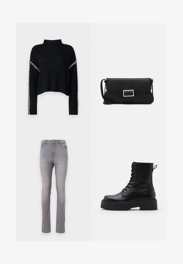 Vero Moda VMNEWCREAM FUNNELNECK PULLOVER - Vesta - black/birch; Sive traperice s ravnim nogavicama, pet džepova, te klasičnim zakopčavanjem na gumb i patentni zatvarač. Glatka tekstura s blagim izbljeđivanjem.; Crne kožne gležnjače s okruglim vrhom, vezanjem sprijeda i debelim gumenim potplatom s teksturiranim uzorkom. Tipa: traka za vuču na stražnjoj strani.; Crna kožna clutch torbica s preklopom i zlatnim metalnim detaljem kopče. Uključuje crnu trakicu i elegantan, minimalistički dizajn.; Zlatne kružne naušnice, tanke i okrugle, s glatkom metalnom površinom bez ukrasa ili uzoraka.