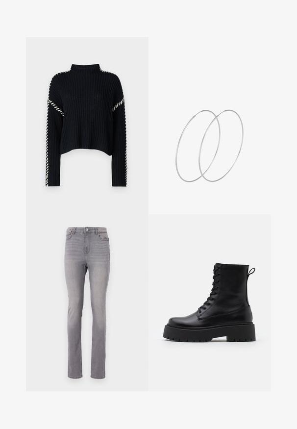 Vero Moda VMNEWCREAM FUNNELNECK PULLOVER - Svetrík - black/birch; Šedé riflové džínsy s rovnom strečovou siluetou, dizajnom na päť vreciek a klasickým zapínaním na gombík a zips. Hladká textura s jemným vyblednutím.; Čierne kožené členkové topánky s okrúhlou špičkou, šnurovaním vpredu a hrubou gumovou podrážkou s textúrovaným vzorom. Sťahovací pútko na zadnej strane.; Strieborné kruhové náušnice s minimalistickým dizajnom. Cirkulárny tvar, hladký povrch a tenký profil. Ľahké s lesklým povrchom.