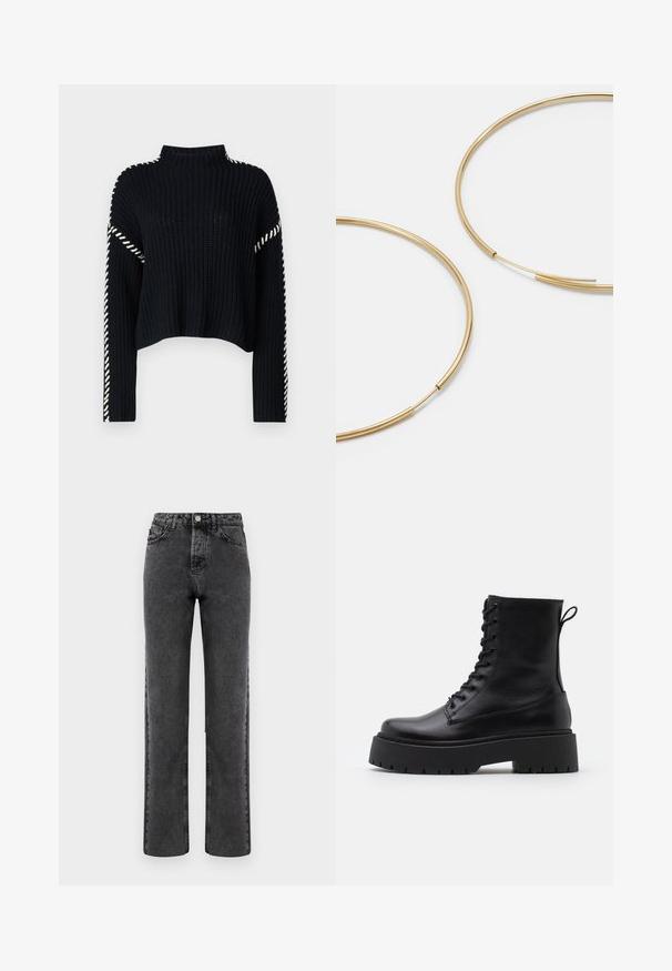 Vero Moda VMNEWCREAM FUNNELNECK PULLOVER - Vesta - black/birch; Sive traperice ravnog kroja s izblijedjelim završetkom, pet džepova i zatvaranjem na gumb. Ima klasične šavove duž rubova.; Crne kožne gležnjače s okruglim vrhom, vezanjem sprijeda i debelim gumenim potplatom s teksturiranim uzorkom. Tipa: traka za vuču na stražnjoj strani.; Zlatne kružne naušnice, tanke i okrugle, s glatkom metalnom površinom bez ukrasa ili uzoraka.