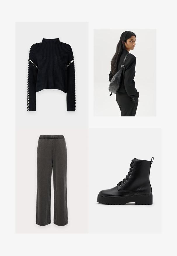 Vero Moda VMNEWCREAM FUNNELNECK PULLOVER - Pulover - black/birch; Temno sivi široki hlače iz mehkega materiala z elastičnim pasom, opremljene z dvema stranskima žepoma in ravnim robom. Brez vidnih vzorcev.; Črne usnjene gležnarske škornje s debelim, teksturiranim podplatom, okroglo konico in kovinskimi luknjami za vezalke. Imajo zanko na zadnji strani.; Ženska z dolgimi temnimi lasmi, oblečena v črn kostim, nosi črno usnjeno torbo čez ramo in se ozira čez ramo proti beli podlagi.