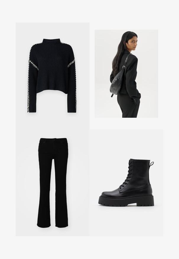 Vero Moda VMNEWCREAM FUNNELNECK PULLOVER - Džemper - black/birch; Mustad flared teksased, millel on keskmise kõrgusega vöökoht, viis taskut ja peened õmblusdetailid tagataskutel.; Mustad mustad nahast pahkluu saapad ümarate varvastega, nööridega esiosas ja paksu kummist talla ning tekstuuritud mustriga. Tagumine tõmbeaas.; Pikkade tumehaired naine mustas ülikonnas, kandes musta nahast õlakotti, vaatab üle õla valge tausta taustal.