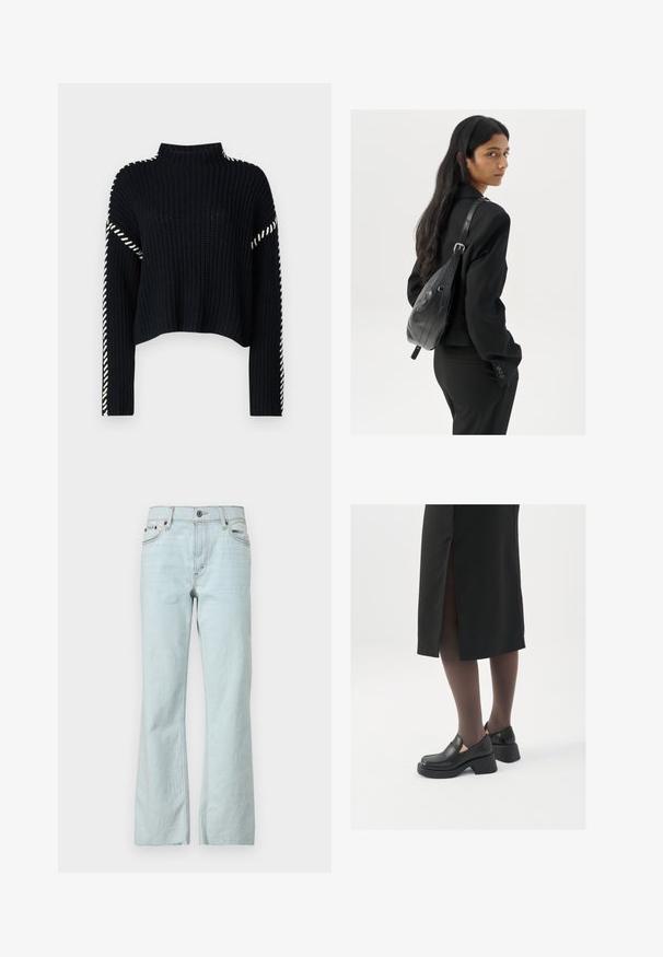 Vero Moda VMNEWCREAM FUNNELNECK PULLOVER - Stickad tröja - black/birch; Ljusblå denimjeans med utsvängt snitt, knappstängning, femficksdesign och subtil blekning på tyget. Rena, minimalistiska söms Accent.; Svarta läderskor med rund tå, tjock klack utan häl och elastiska sidodetaljer, kombinerat med mörka strumpbyxor och en svart kjol med slits.; Kvinna med långt mörkt hår, klädd i en svart dräkt, bärandes en svart läderaxelväska, tittar över axeln mot en vit bakgrund.; Silverfärgade hoopörhängen med en minimalistisk design. Cirkulär form, slät yta och tunn profil. Lätta med en polerad finish.