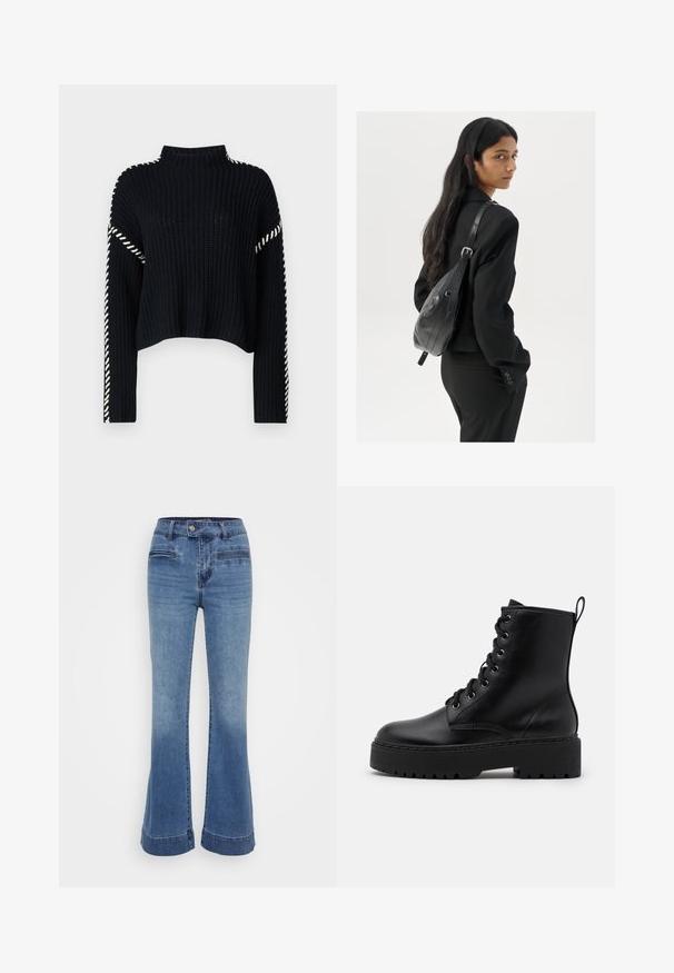 Vero Moda VMNEWCREAM FUNNELNECK PULLOVER - Džemperis - black/birch; Vidutinio mėlynumo plačios džinsų kelnės su aukštu liemeniu, priekinėmis kišenėmis ir kontrastine siuvinėjimo linija. Medžiaga yra minkšta su šiek tiek nusidėvėjusiu paviršiumi.; Juodi odiniai kulkšniniai botai su storu, tekstūruotu padais, apvaliu pirštu ir metalinėmis akytėmis raištams. Savybė - užtrauktukas gale.; Moteris su ilgais tamsiais plaukais, vilkinti juodą kostiumą, nešanti juodą odinę rankinę per petį, žvelgia per petį prieš balto fono.