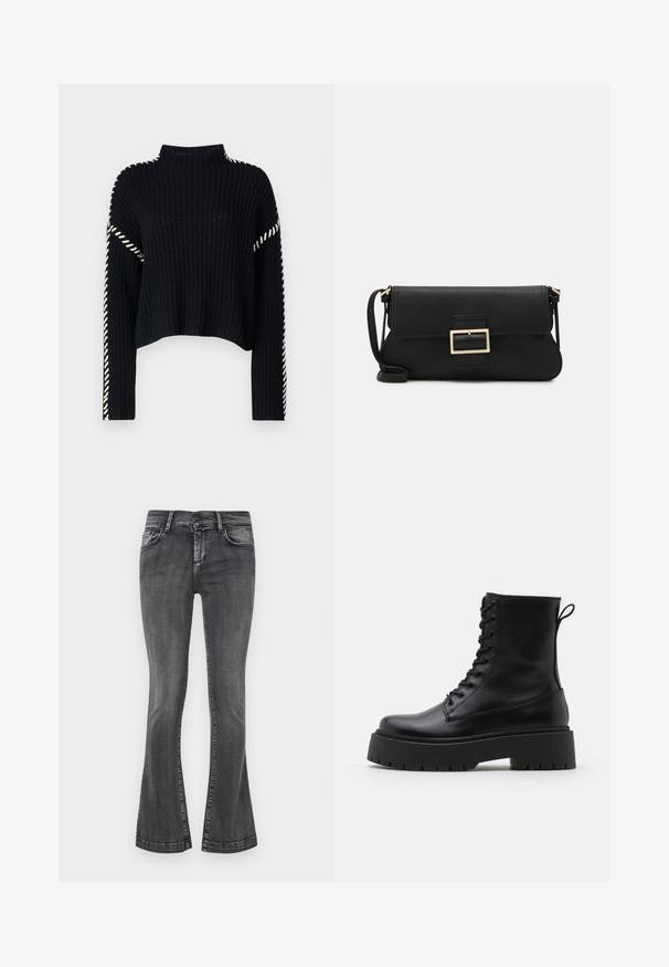 Vero Moda VMNEWCREAM FUNNELNECK PULLOVER - Trui - black/birch; Grijze uitlopende jeans in een vervaagde was, met vijf zakken, riemlussen en een rits. De denim heeft een lichte textuur met stiksels als accent.; Zwarte leren enkelboots met een ronde neus, vetersluiting aan de voorkant en een dikke rubberen zool met een gestructureerd profiel. Trekbandje aan de achterkant.; Zwarte leren clutch met een klep en een gouden metalen sluiting. Inclusief een zwarte schouderband en een slank, minimalistisch ontwerp.; Gouden oorringen, dun en rond van vorm, met een gladde metallic afwerking en zonder versieringen of patronen.