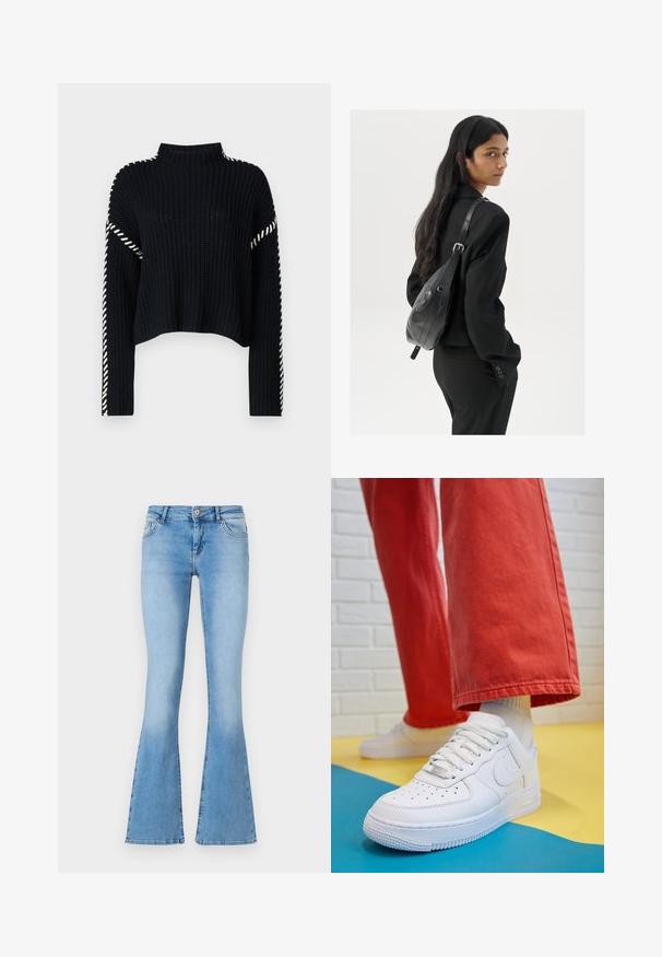 Vero Moda VMNEWCREAM FUNNELNECK PULLOVER - Džemper - black/birch; Heledad helesinot, sinise värviga, keskmise talje ja konserveeritud nägudega, sisaldavad esikotte ja õmblemise detaile õmbluste ja äärete juures.; Valge nahast tennis, millel on perforeeritud varvas, tekstureeritud tallad ja valged shoelaces, kombineeritud laia punase pükste ja sinise ning kollase taustaga.; Pikkade tumehaired naine mustas ülikonnas, kandes musta nahast õlakotti, vaatab üle õla valge tausta taustal.; Hõbedased rõngastikkaehingad minimalistlikus disainis. Ümar kuju, sile tekstuur ja õhuke profiil. Kerged ning poleeritud viimistlusega.