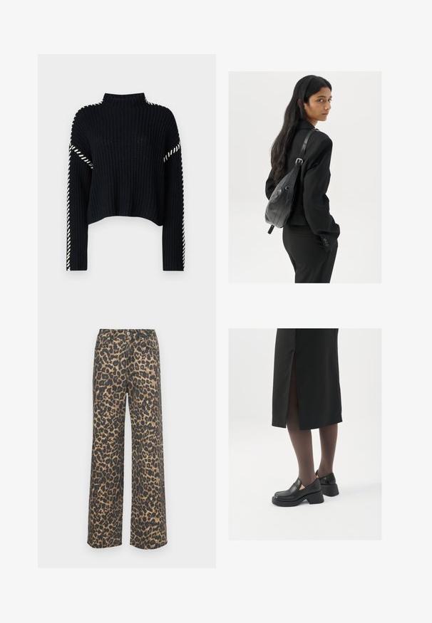 Vero Moda VMNEWCREAM FUNNELNECK PULLOVER - Trui - black/birch; Leopardprint brede jeans van een katoenmix. Heeft een hoge taille, voorzakken en een contrasterend zwart-bruin patroon. Smal, rechte snit.; Zwarte leren schoenen met een ronde neus, dikke blokhak en elastische zijkanten, gecombineerd met donkere panty's en een zwarte rok met een split.; Vrouw met lang donker haar in een zwart pak, met een zwart leren schoudertas, die over haar schouder kijkt tegen een witte achtergrond.; Zilveren hoepel oorbellen met een minimalistisch ontwerp. Cirkelvormig, gladde textuur en dun profiel. Lichtgewicht met een gepolijste afwerking.