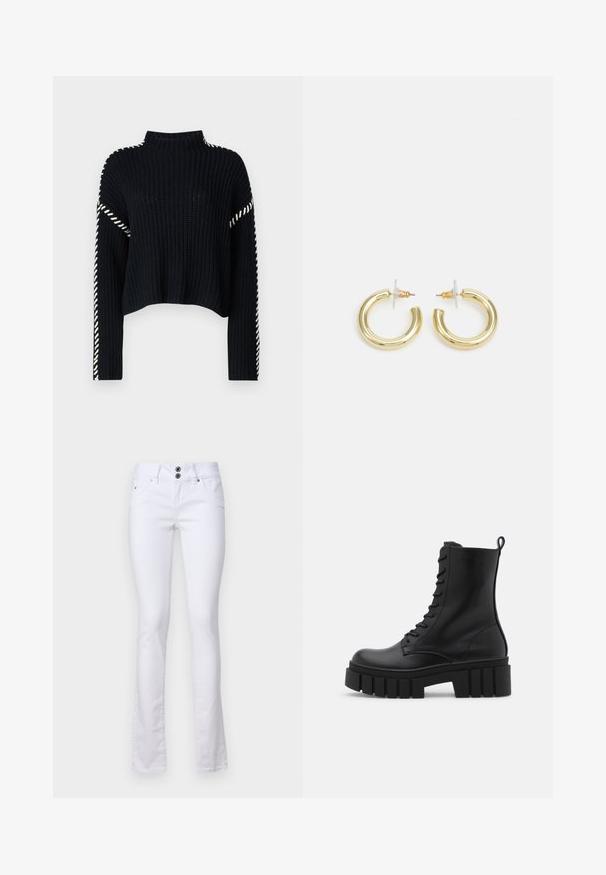 Vero Moda VMNEWCREAM FUNNELNECK PULLOVER - Svetr - black/birch; Bílé rozšířené džíny vyrobené z bavlněné směsi, s uzávěrem na dva knoflíky, předními kapsami a jemnými švy.; Černá kožená kotníková obuv s robustní, rýhovanou podrážkou, šněrováním vpředu a poutkem na hladkém bílém pozadí.; Zlaté kruhové náušnice s hladkým, lesklým povrchem. Kruhový design s malým kolíčkem a průhledným záznamem pro bezpečné nošení.
