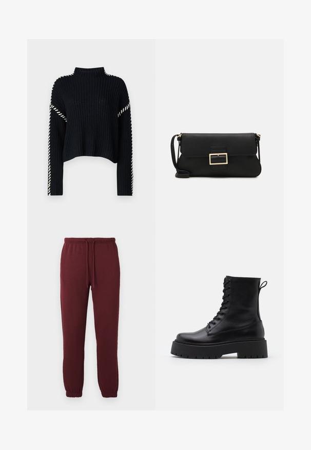 Vero Moda VMNEWCREAM FUNNELNECK PULLOVER - Trui - black/birch; Bordeaux joggerbroeken met elastische tailleband, trekkoord, zijzakken en elastische boorden op een effen witte achtergrond.; Zwarte leren enkelboots met een ronde neus, vetersluiting aan de voorkant en een dikke rubberen zool met een gestructureerd profiel. Trekbandje aan de achterkant.; Zwarte leren clutch met een klep en een gouden metalen sluiting. Inclusief een zwarte schouderband en een slank, minimalistisch ontwerp.