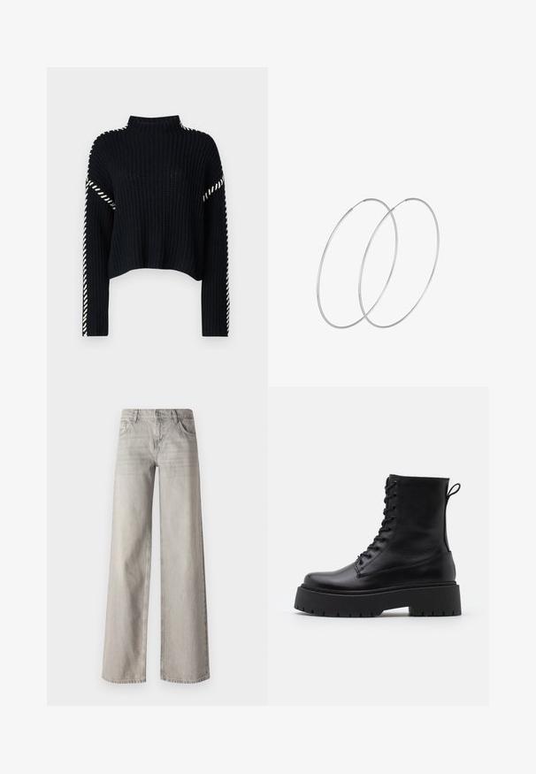 Vero Moda VMNEWCREAM FUNNELNECK PULLOVER - Jersey de punto - black/birch; Jeans de pierna ancha en gris claro, hechos de denim, con un diseño de cinco bolsillos, cierre frontal con botón y una textura ligeramente desgastada.; Botas de cuero negras hasta el tobillo con punta redonda, cordones en la parte delantera y una suela de goma gruesa con un dibujo texturizado. Tirador en la parte trasera.; Pendientes de aro plateados con un diseño minimalista. Forma circular, textura suave y perfil delgado. Livianos con un acabado pulido.
