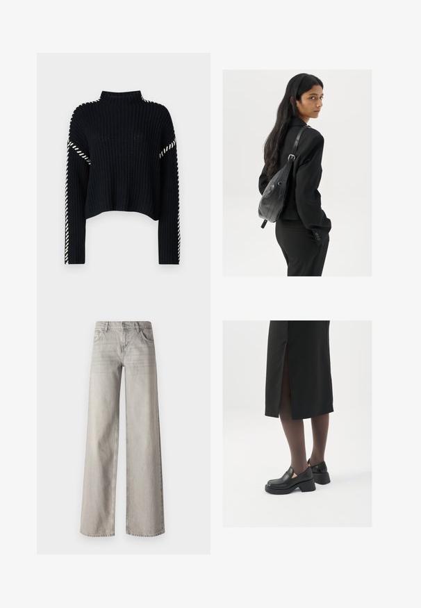 Vero Moda VMNEWCREAM FUNNELNECK PULLOVER - Džemperis - black/birch; Gaiši pelēki plati džinsi, izgatavoti no denima, ar piecu kabatu dizainu, priekšējo pogu aizdari un nedaudz izbalējušu tekstūru.; Melni ādas apavi ar noapaļotu purngalu, biezām bloku papēžiem un elastīgiem sānu akcentiem, apvienoti ar tumšām zeķubiksēm un melnu svārku ar šķirbu.; Sieviete ar garām tumšām matiem, ģērbusies melnā uzvalkā, nēsā melnu ādas plecu somu un skatās pāri plecam uz balta fona.; Sudraba riņķveida auskari ar gludu, spīdīgu apdari. Apaļas formas, viegla dizaina, ar aizdari uz stieples.