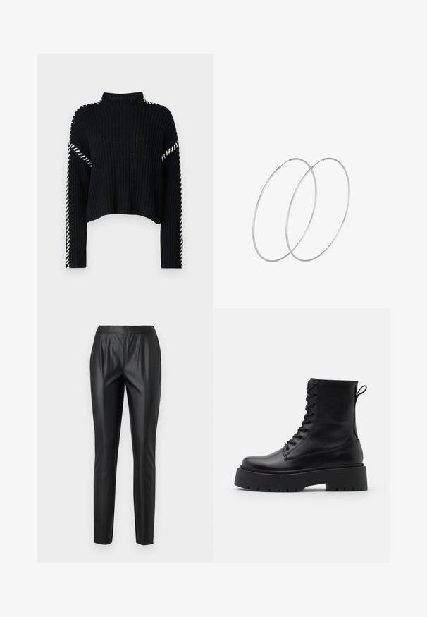 Vero Moda VMNEWCREAM FUNNELNECK PULLOVER - Džemperis - black/birch; Melno mākslīgā āda bikses ar šauru piegriezumu, ar augstu jostu, priekšējiem krokām un gludu tekstūru. Nav redzamu detaļu vai rakstu.; Melni ādas potītēm zābaki ar apļveida purngalu, auklām priekšpusē un biezu gumijas zoli ar teksturētu protektoru. Velkšanas cilpa aizmugurē.; Sudraba gredzenveida auskari ar minimālistisku dizainu. Cirkulāra forma, gluda tekstūra un plāns profils. Vieglu svaru ar spīdīgu apdari.