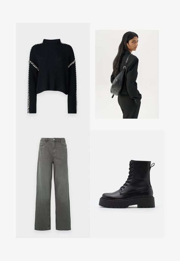 Vero Moda VMNEWCREAM FUNNELNECK PULLOVER - Džemperis - black/birch; Plaša piegriezuma pelēki džinsa bikses ar augstu vidukli, piecām kabatām un aizdari ar pogu. Tām ir smalka tekstūra un tīrs apdare pie bikšu galiem.; Melni ādas potītēm zābaki ar apļveida purngalu, auklām priekšpusē un biezu gumijas zoli ar teksturētu protektoru. Velkšanas cilpa aizmugurē.; Sieviete ar garām tumšām matiem, ģērbusies melnā uzvalkā, nēsā melnu ādas plecu somu un skatās pāri plecam uz balta fona.; Sudraba gredzenveida auskari ar minimālistisku dizainu. Cirkulāra forma, gluda tekstūra un plāns profils. Vieglu svaru ar spīdīgu apdari.