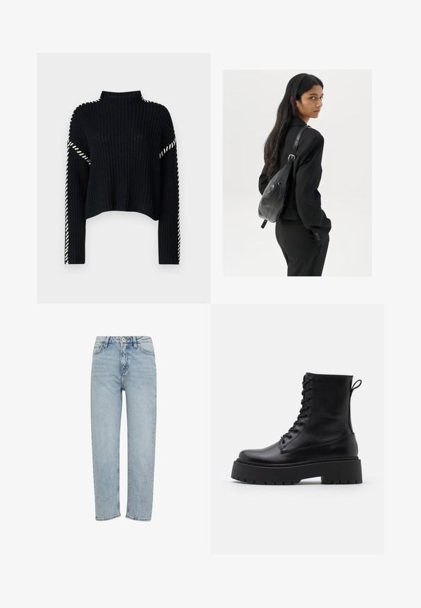 Vero Moda VMNEWCREAM czarny; Jasnoniebieskie dżinsy wykonane z denimu, z prostym krojem nogawki, pięcioma kieszeniami oraz zapięciem na guzik i zamek błyskawiczny. Całość z wyblakłą teksturą.; Czarne skórzane botki za kostkę z okrągłym noskiem, sznurówką z przodu i grubą gumową podeszwą z teksturowanym bieżnikiem. Pętelka do zakładania z tyłu.; Kobieta z długimi ciemnymi włosami, ubrana w czarny garnitur, trzymająca czarną skórzaną torbę na ramię, spoglądająca przez ramię na białym tle.