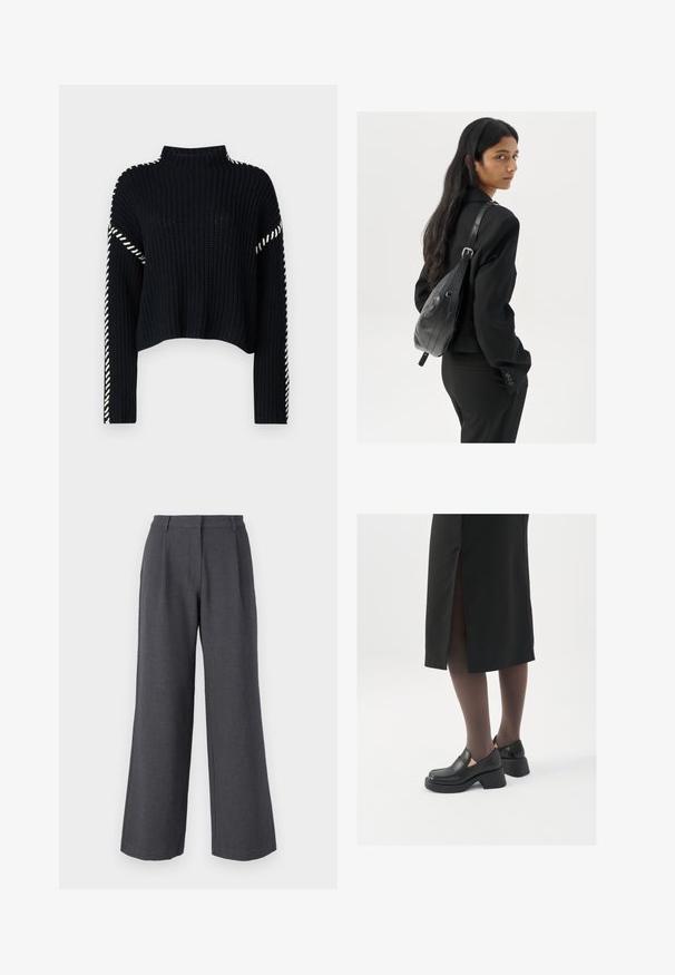Vero Moda VMNEWCREAM FUNNELNECK PULLOVER - Vesta - black/birch; Sive široke hlače od teksturirane tkanine, s prednjim naborima, krojenim pojasom i urednim završetkom na gležnju.; Crne kožne cipele s zaobljenim vrhom, debelim blok petama i elastičnim bočnim detaljima, uparene s tamnim čarapama i crnom suknjom s prorezom.; Žena s dugom tamnom kosom koja nosi crno odijelo, drži crnu kožnu torbu preko ramena i gleda unazad na bijeloj pozadini.; Srebrne naušnice s obručima i uvijenim dizajnom, s poliranim završetkom i pričvršćivanjem na stražnjoj strani. Mjere otprilike 3 cm u promjeru.