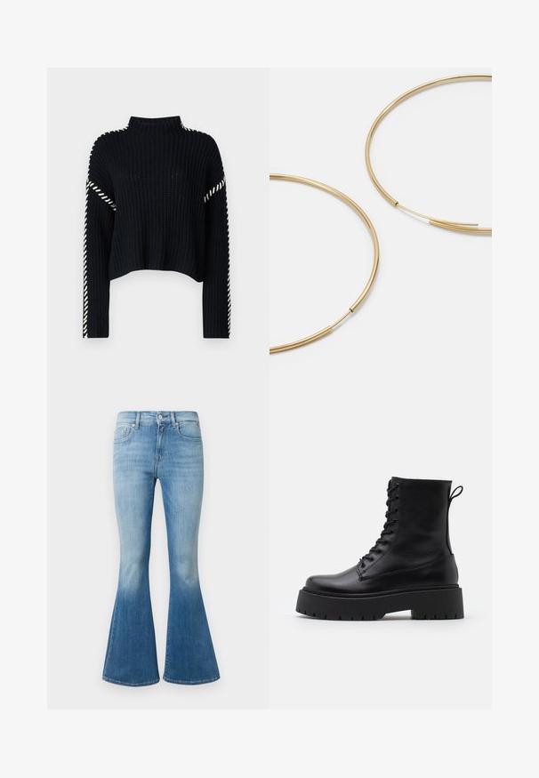 Vero Moda VMNEWCREAM FUNNELNECK PULLOVER - Džemperis - black/birch; Šviesiai mėlyni džinsai su platėjančiomis klešnėmis, aukštu liemeniu, išblukusia spalva ir klasikinio penkių kišenių dizainu su metaliniais akcentais.; Juodos odinės aulinukės su apvalia nosimi, raišteliais priekyje ir storesniu guminio pado apačioje su tekstūruotu raštu. Priekyje yra kilputė.; Aukso spalvos žiedo auskarai, ploni ir apvalūs, su lygiu metaliniu paviršiumi be papuošimų ar raštų.