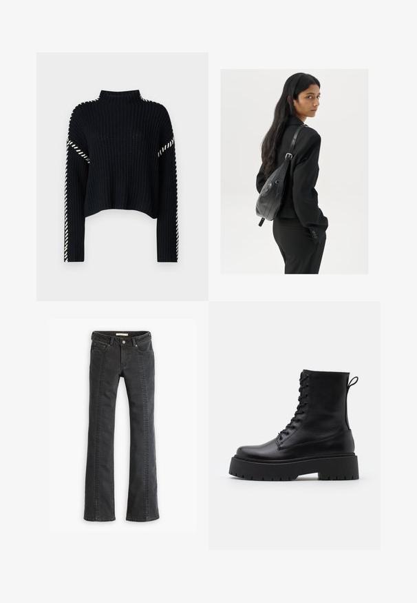 Vero Moda VMNEWCREAM FUNNELNECK PULLOVER - Pulóver - black/birch; Fekete denim bőszárú farmernadrág öt zsebbel, övhurkokkal és eltérő varrással az elülső varratokon. Puha tapintású, standard derékkal.; Fekete bőr bokacsizma, kerek orral, fűzős elülső résszel és vastag, texturált gumitalppal. Húzófül hátul.; Hosszú, sötét hajú nő fekete öltönyben, fekete bőrtáskával a vállán, a vállán át néz a fehér háttér előtt.