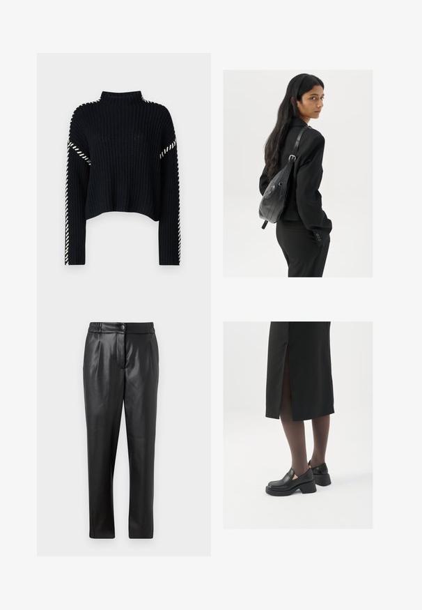 Vero Moda VMNEWCREAM FUNNELNECK PULLOVER - Maglione - black/birch; Pantaloni di pelle nera con una texture liscia, vestibilità dritta, cintura elastica e chiusura con bottone frontale; dettagli plissettati e gambe affusolate.; Scarpe in pelle nera con punta arrotondata, tacco spesso a blocco e accenti laterali in elastico, abbinate a collant scuri e una gonna nera con uno spacco.; Donna con lunghi capelli scuri, vestita con un completo nero, che porta una borsa a tracolla in pelle nera, mentre guarda oltre la spalla su uno sfondo bianco.