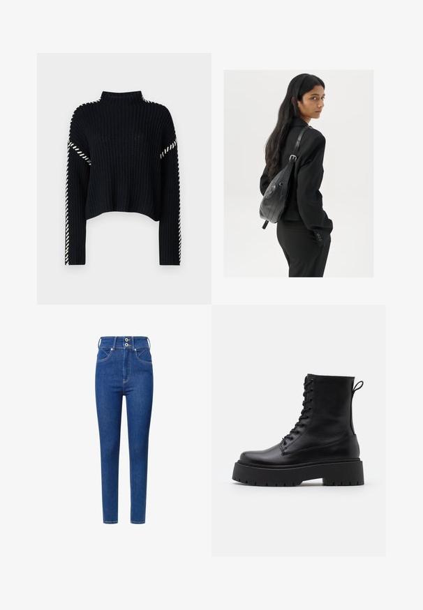 Vero Moda VMNEWCREAM FUNNELNECK PULLOVER  - Πουλόβερ - black/birch; Μπλε τζιν παντελόνι ψηλής μέσης με στενή γραμμή, διαθέτοντας δύο κουμπιά στη μέση, μπροστινές τσέπες και αντίθετες ραφές.; Μαύρες δερμάτινες μποτάκια μέχρι τον γ ankles με στρογγυλή μύτη, κορδόνια μπροστά και χοντρή ελαστική σόλα με υφή. Λωρίδα στην πλάτη.; Γυναίκα με μακριά μαύρα μαλλιά, ντυμένη με μαύρο κοστούμι, κρατώντας μια μαύρη δερμάτινη τσάντα ώμου, κοιτάζοντας πίσω στον φακό, σε λευκό φόντο.