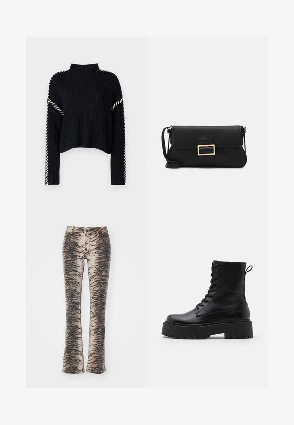 Vero Moda VMNEWCREAM FUNNELNECK PULLOVER - Svetr - black/birch; Zvonové kalhoty vyrobené z látky s béžovým a černým tygřím pruhovaným vzorem, s předními kapsami a zipovým zapínáním.; Černé kožené kotníkové boty s kulatou špičkou, šněrováním na přední straně a silnou gumovou podešví s texturovaným vzorkem. S poutkem vzadu.; Černá kožená psaníčko s klopou a zlatým kovovým detailním sponou. Součástí je černý popruh a elegantní, minimalistický design.; Zlaté kruhové náušnice, tenké a kulaté, s hladkým kovovým povrchem a bez zdobení či vzorů.