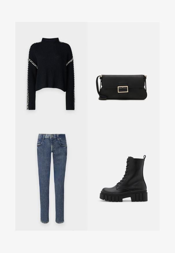 Vero Moda VMNEWCREAM FUNNELNECK PULLOVER - Džemperis - black/birch; Izbalējuši zila denima džinsi ar šahtu piegriezumu, vidēji augstu jostasvietu, piecām kabatām un ar rāvējslēdzēju aizdari. Iezīmējas ar smalku nodilušanu un šuvju detaļām.; Melnas ādas potītes zābaki ar masīvu, rievojumu zoli, auklu aizdari un vilces cilpu uz gludas baltas fona.; Melnas ādas saķeres soma ar atloku un zelta metāla sprādzi. Ietver melnu siksnu un elegantu, minimālistisku dizainu.; Zelta auskari ar gludu, spīdīgu apdari. Apaļš dizains, kas ietver mazu tapu un caurspīdīgu pamatni drošai valkāšanai.