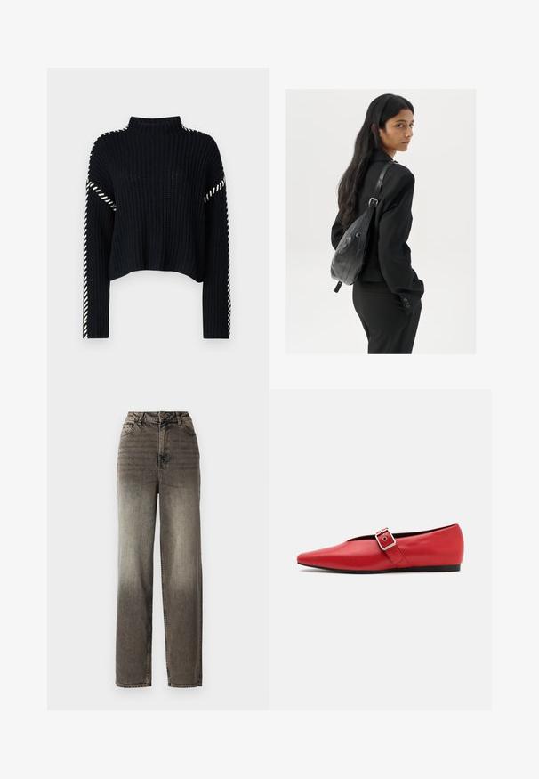 Vero Moda VMNEWCREAM FUNNELNECK PULLOVER - Jersey de punto - black/birch; Jeans de pierna ancha, grises, con un acabado de denim desgastado. Cintura alta, cinco bolsillos y un cierre de botón clásico. Tejido texturizado con costuras visibles.; Zapato plano de cuero rojo con punta afilada, que presenta una correa lateral con una hebilla de metal y un tacón bajo negro. Textura suave en toda su superficie.; Mujer con cabello largo y oscuro vestida con un traje negro, llevando un bolso de cuero negro al hombro, mirando por encima de su hombro contra un fondo blanco.; Aretes de aro de oro con un acabado suave y brillante. Diseño circular que presenta un pequeño post y un respaldo transparente para un uso seguro.