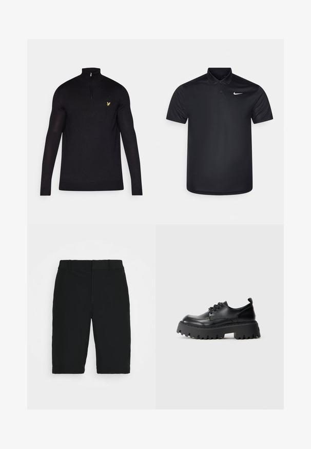 Melnas zip-up džemperis, izgatavots no gludas auduma, ar augstu apkakli un garām piedurknēm. Mazs dzeltenais logs kreisajā krūšu daļā.; Melna polo krekla, kas izgatavots no gludas auduma, ar apkakli, divām pogām un mazu balto Nike logotipu kreisajā krūtī.; Melnas šortos, izgatavoti no gludas auduma, ar taisnu piegriezumu, jostas cilpām un vienu priekšējo kabatu, paredzēti ikdienišķai valkāšanai.; Melnas ādas sasienamās kurpes ar biezām, šķautnēm līdzīgām gumijas zolem. Ir noapaļota pirksta forma un neuzkrītoši dūriena detaļas. Bieza papēža nodrošina stabilitāti.