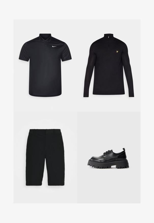Sweater preto com fecho de correr, feito de um tecido suave, apresentando um colarinho alto e mangas longas. Pequeno logótipo amarelo na área esquerda do peito.; Pólo preto feito de tecido liso, com colarinho, dois botões e um pequeno logotipo branco da Nike no lado esquerdo do peito.; Bermudas pretas feitas de tecido liso, com corte reto, passadores de cinto e um único bolso frontal, projetadas para um ajuste casual.; Sapatos pretos de couro com atacadores e sola de borracha espessa e estriada. Apresentam um bico arredondado e detalhes de costura discretos. Salto grosso para estabilidade.