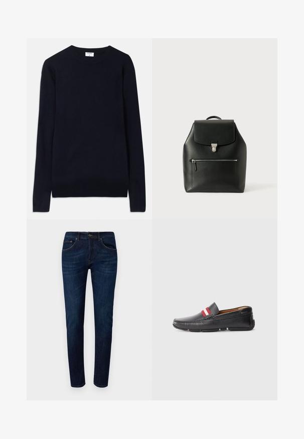 Námořnická modrá svetrová vest ucrew vyrobená z měkké tkaniny, s dlouhými rukávy a kanýrkovými detaily na límci a spodním lemu. Čistý, minimalistický design.; Dondup ICON - Džíny Slim Fit - dark blue; Černá kožená botka na klínku s texturovaným povrchem, červeným a bílým pruhovaným akcentem na svršku, zaoblenou špičkou a gumovou podrážkou.; Černý kožený batoh s klopou, stříbrným kováním, přední kapsou na zip a texturovaným povrchem.