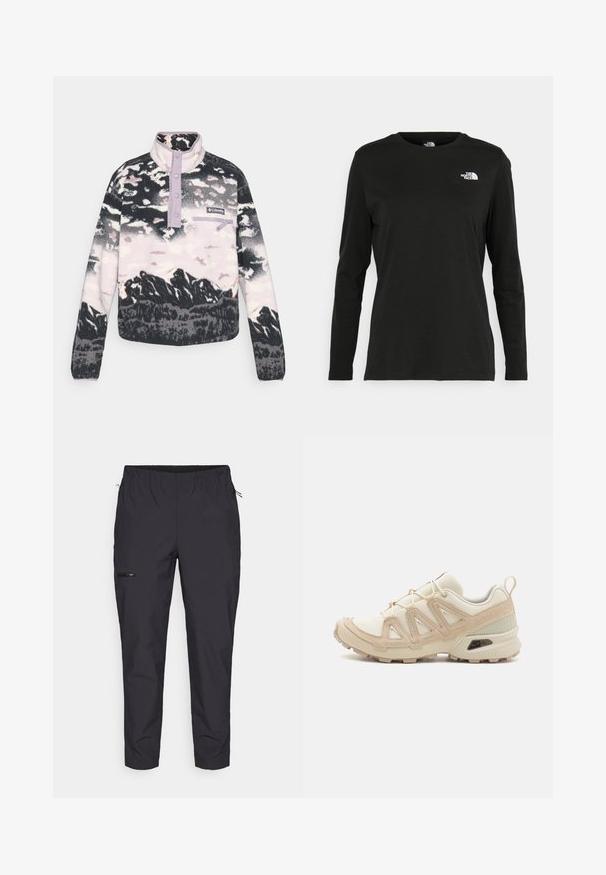Juodai, baltai ir rožinei spalvoti flisiniai megztiniai su kalnų peizažo spauda, purpuriniu apykaklė, mygtukų plokšte ir priekinėmis užtrauktuko kišenėmis.; Juodas ilgomis rankovėmis medvilninis marškinėliai su apvali apykakle. Savybė - mažas baltas logotipas kairėje krūtinės pusėje. Paprastas dizainas ir pritaikymas.; Jack Wolfskin PRELIGHT TRAIL - Lauko kelnės - black; Bežinės ir kreminės spalvos sportinės bateliai su tekstūruoto tinklelio viršutine dalimi, palaikančiomis detalėmis ir guminiais padais, turinčiais raštą, užtikrinantį sukibimą.