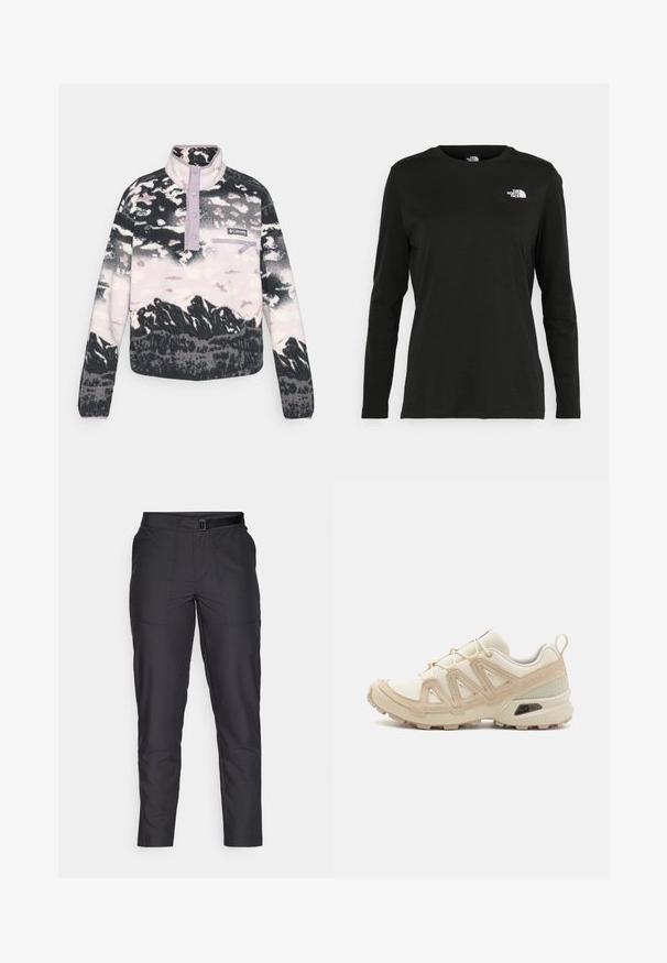 Fleece pulóver fekete, fehér és rózsaszín színben, hegyvidéki táj mintával, lila gallérral, gombos kivágással és elülső cipzáras zsebbel.; Fekete, hosszú ujjú póló pamutból, kerek nyakkal. A bal mellrészen egy kis fehér logó található. Egyszerű dizájn és szabás.; Fekete, slim-fit nadrág sima anyagból, övvel ellátott derékkal, egyenes lábakkal és két elülső zsebbel, finom varrási részletekkel.; Beige és krém színű sportcipő, texturált hálós felsőrésszel, támogató burkolattal és gumitalppal, amely tapadás érdekében bordázott mintázattal rendelkezik.