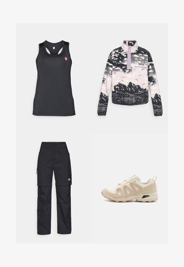 Pullover in fleece nero, bianco e rosa con stampa paesaggio montano, colletto viola, patta con bottoni e tasca con zip frontale.; Canotta nera realizzata in materiale liscio ed elastico. Presenta un design racerback con un piccolo logo rosa sulla parte superiore sinistra.; Pantaloni cargo in nylon nero con zip rimovibile, polsini regolabili, molteplici tasche e un logo sulla gamba destra. Tessuto liscio e leggero.; Scarpa atletica beige e crema con tomaia in mesh testurizzato, sovrapposizioni supportive e suola in gomma con un motivo a tasselli per la trazione.