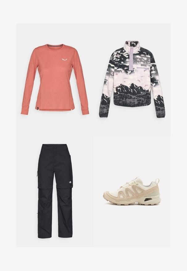 Pulover din fleece în negru, alb și roz, cu imprimeu peisaj montan, guler violet, închidere cu nasturi și buzunar cu fermoar pe față.; Cămașă cu mânecă lungă, de culoare corai deschis, realizată dintr-un material moale, având un guler rotund și un mic logo alb pe piept. Slits laterale la tiv.; Pantaloni cargo din nylon negru, cu fermoar detașabil, manșete ajustabile, multiple buzunare și un logo pe piciorul drept. Textură netedă și ușoară.; Pantofii sport bej și crem au un superior din plasă texturată, suprapuneri de susținere și o talpă din cauciuc cu un model de profil pentru aderență.