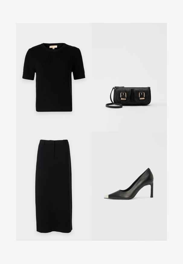 Mustapuhainen lyhythihainen neulepaita, jossa on pyöreä pääntie. Ominaisuuksina ribbikuviointi ja suorana leikattu helma. Tunnistesignaali sisäkauluksessa.; Mustaväri, polvenpituinen kynähame, joka on valmistettu sileästä kankaasta. Hameessa on istuva vyötärö ja hienovaraiset etupurjeet, eikä näkyviä sulkimia.; Musta nahkainen korkokenkä, jossa on kärkiosa ja metallinen hopeanvärinen kärki. Kenkä on sileäpintainen ja siinä on kapea 10 cm korko.; Musta nahkainen olkalaukku, jossa on kaksi etutaskua, kultaiset soljet, vetoketjukiinnitys ja kapea hihna. Teksturoidun pinnan ja kompaktin suorakaiteen muoto.